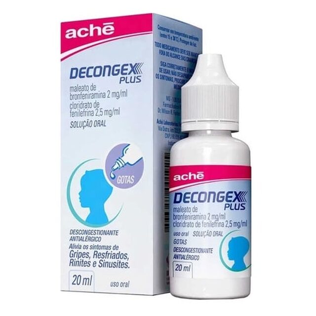 Decongex Plus 2mg/mL + 2,5mg/mL, caixa contendo 1 frasco gotejador com 20mL de solução de uso oral