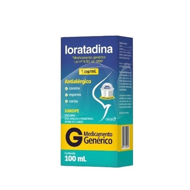 Loratadina Airela 1mg/mL, caixa com 1 frasco com 100mL de xarope, sabor abacaxi + copo medidor