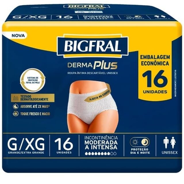 Roupa Íntima Bigfral Derma Plus G/XG, pacote com 16 unidades