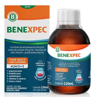 Benexpec Cloridrato de Oxomemazina 0,4mg/mL + Iodeto de Potássio 20mg/mL + Benzoato de Sódio 4mg/mL + Guaifenesina 6mg/mL 120mL