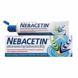 Nebacetin 5mg/g + 250UI/g, caixa com 1 bisnaga com 50g de pomada de uso dermatológico