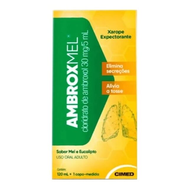 Ambroxmel 6mg/mL, caixa com 1 frasco com 120mL de xarope adulto, mel/eucalipto