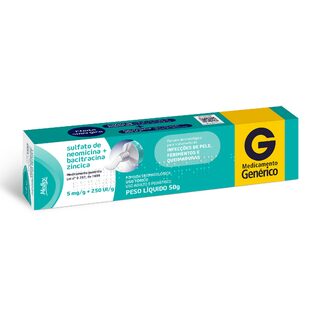 Sulfato de Neomicina + Bacitracina Zíncica Medley 5mg/g + 250UI/g, caixa com 1 bisnaga com 50g de pomada de uso dermatológico