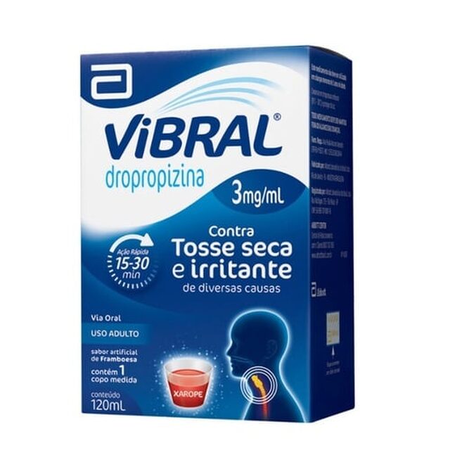Vibral 3mg/mL, caixa com 1 frasco com 120mL de xarope adulto + 1 copo medidor