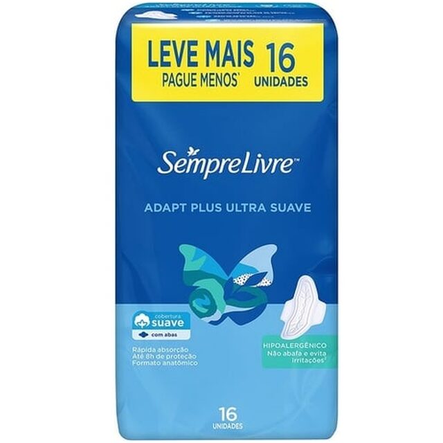 Absorvente Sempre Livre Adapt Plus suave, com abas, pacote com 16 unidades